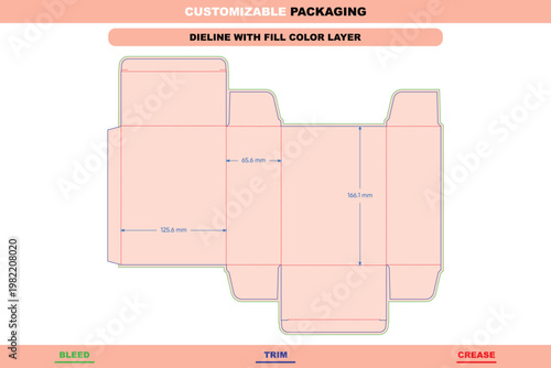 Tuck end box dieline template with dimensions, featuring bleed, trim, and crease lines in a flat layout for retail packaging