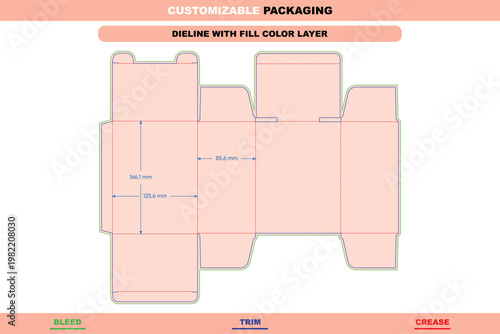 Tuck end box dieline template with dimensions, featuring green bleed, blue trim, and red crease lines on a light peach background