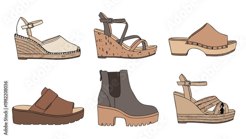 Collection of six different styles of women's footwear, including espadrilles and boots