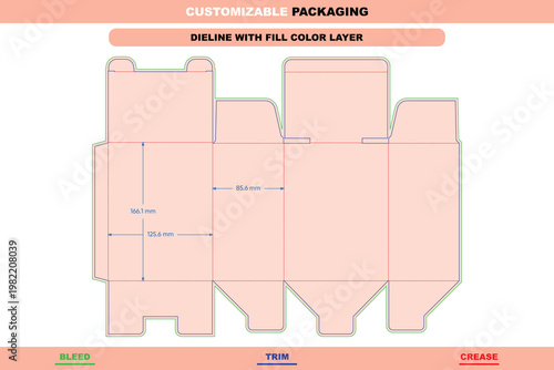 Tuck end box dieline template with dimensions, featuring green bleed, blue trim, and red crease lines on a light pink fill background
