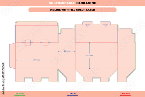 Tuck end box dieline template with double safety buckles, featuring bleed, trim, and crease lines with labeled dimensions in millimeters