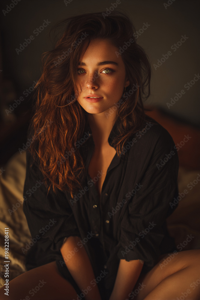 Fototapeta premium intimate cinematic portrait of young woman in soft light, natural beauty woman with hazel eyes and wavy brunette hair, relaxed lifestyle portrait with warm tones and soft bokeh
