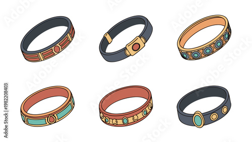 Collection of six unique, stylized bracelets with decorative elements and gemstones