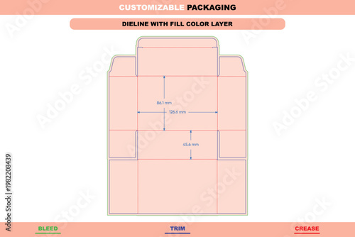 Tuck end box dieline template with pink fill, showing green bleed lines, blue trim lines, and red dotted crease lines with measurement dimensions