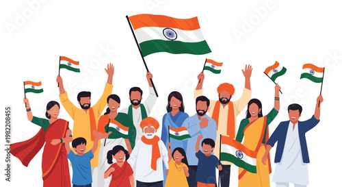 A diverse group of Indian people waving national flags in flat vector art style