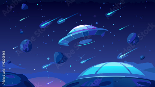 A colorful cartoon depiction of a spaceship flying among stars and planets