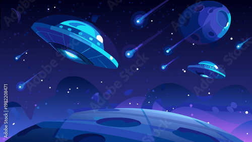Stylized illustration of ufos planets and shooting stars in space