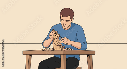 Flat illustration of a man carving a wooden bird figurine at a brown workbench