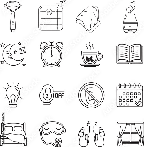 Healthy Sleep Routine and Nightly Wellness Habits Line Art Icon Set.