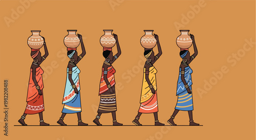 Five African women in colorful folk attire walk while balancing clay water pots