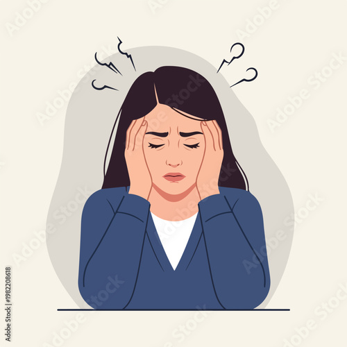 Stressed woman holding her head in pain with symbols of mental fatigue and worry