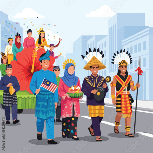 Diverse Malaysian people in ethnic dress parade with a big hibiscus flower float
