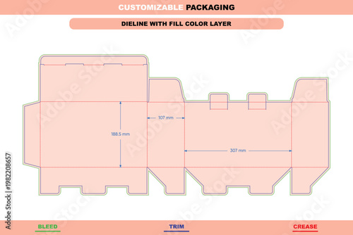 Tuck end box dieline template with structural folds, featuring bleed, trim, and crease lines with labeled dimensions in millimeters
