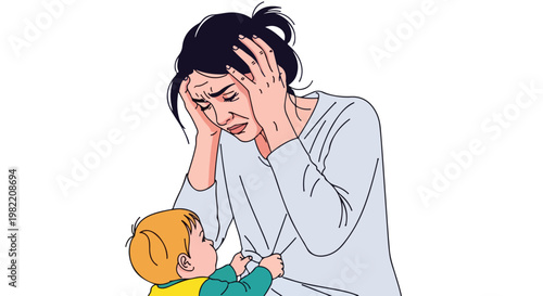Exhausted mother holding head in stress as toddler pulls her shirt illustration