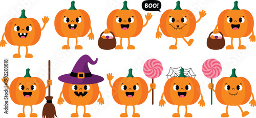 Cute Halloween pumpkin character collection featuring cartoon jack o lantern with witch hat broom candy basket and lollipop for spooky seasonal holiday vector design.