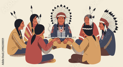 A group of Native Americans sitting in a circle sharing a ceremonial peace pipe