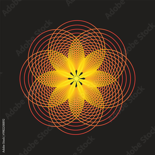 Intricate yellow and orange geometric flower pattern on a black background