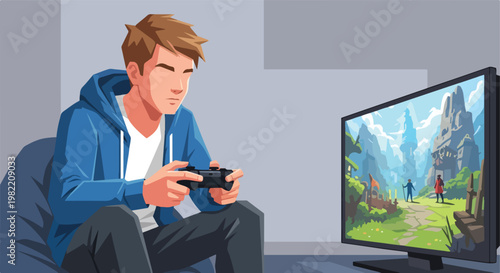 Flat vector of a focused boy in a blue hoodie playing an adventure video game
