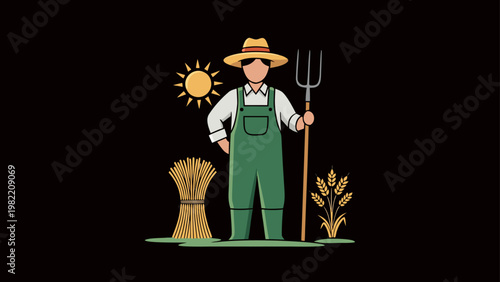 Farmer with pitchfork and wheat stalks under a bright sun, representing agriculture
