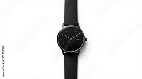 A sleek black watch with a leather strap on a white background