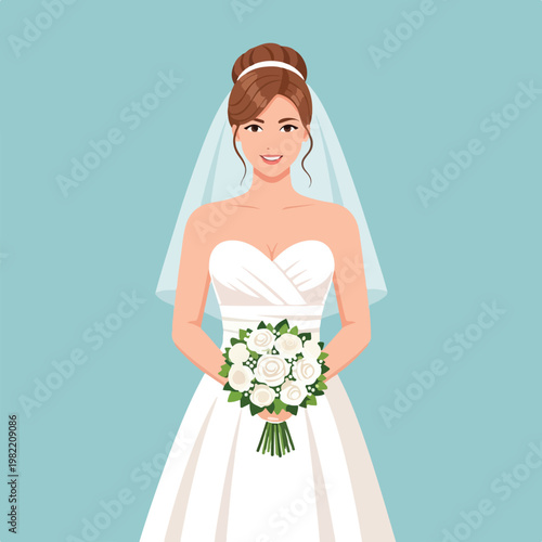 Smiling bride in a white wedding gown holding a rose bouquet on blue background