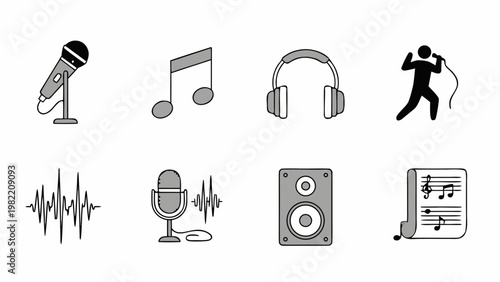 Collection of music and audio icons including microphones, notes, headphones, and speakers
