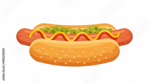 A delicious hot dog with mustard and relish in a sesame seed bun, presented on a white background.