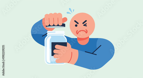 A frustrated bald man wearing a blue shirt struggles to open the tight glass jar