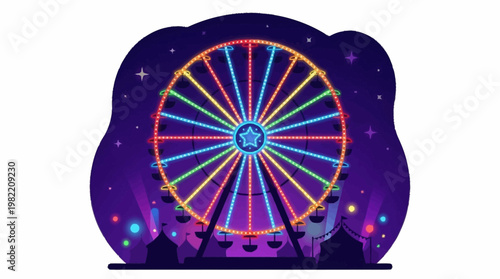 A vibrant Ferris wheel illuminated with colorful lights against a starry night sky at an amusement park.