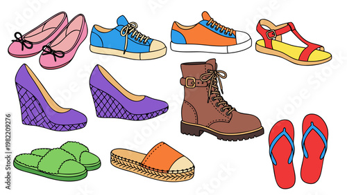 Collection of various footwear types including heels, sneakers, boots, and sandals