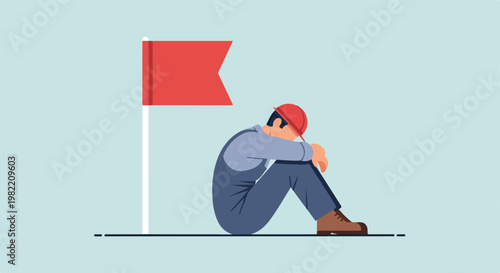 Sad construction worker in a hard hat sits discouraged by a red warning flag
