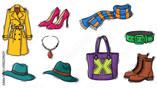 Collection of stylish women's fashion accessories and clothing items