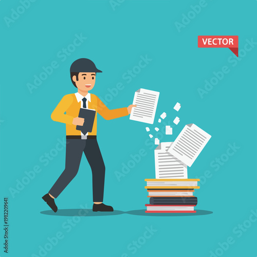 Man in professional attire organizing papers and documents by a stack of books
