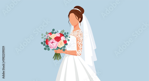 Elegant bride in white lace gown holding vibrant rose bouquet on blue background