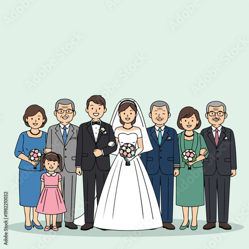 Vector illustration of a happy bride and groom posing with their large family