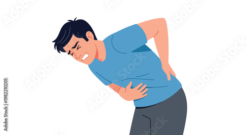 Flat vector illustration of a man clutching his stomach and back in intense pain