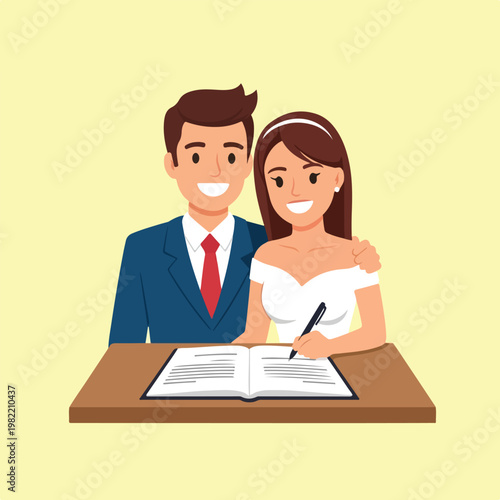 Happy bride and groom sign a marriage certificate together on their wedding day