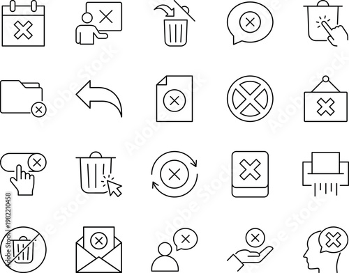A collection of black and white icons depicting various delete and cancel symbols