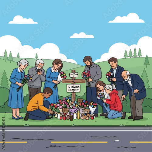 Diverse people mourning at a roadside memorial with flowers and a wooden cross
