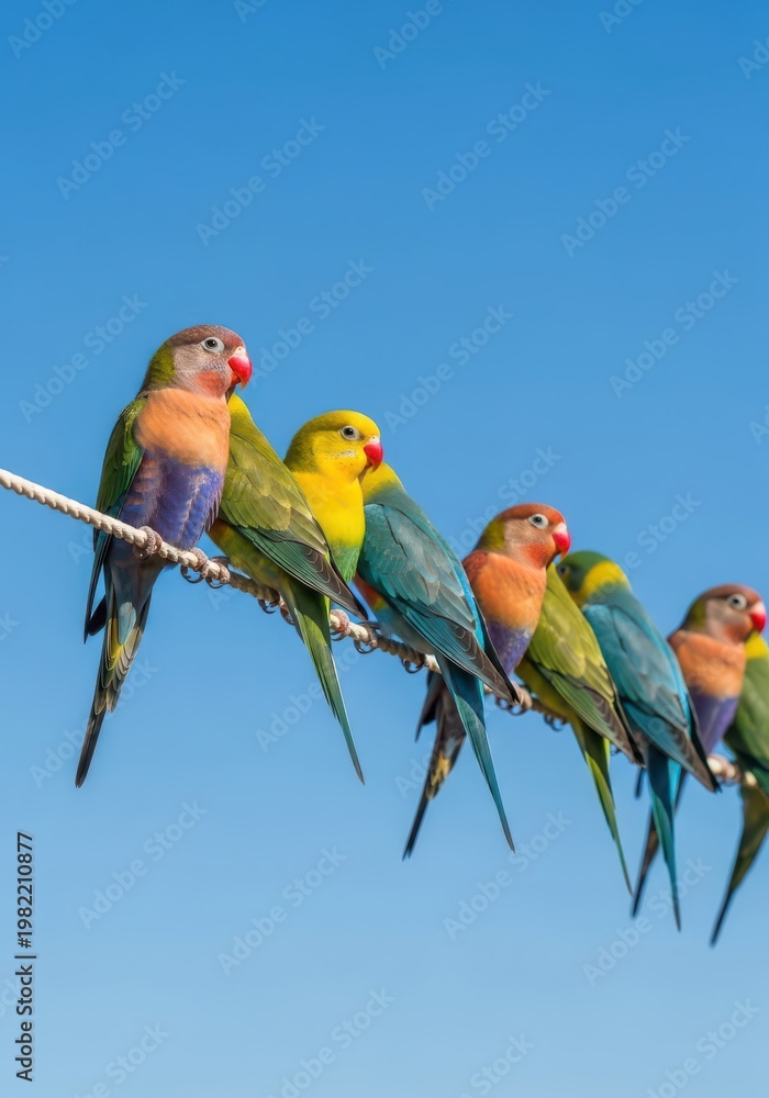 Fototapeta premium Colorful lovebirds are perched together on a wire against a clear blue sky.