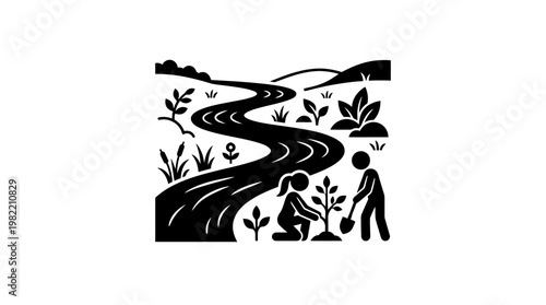 People Planting Trees beside A Winding River