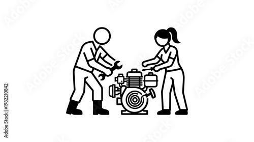Mechanics Working on Engine in Minimalist Style