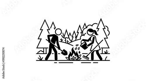People Extinguishing Campfire in the Forest
