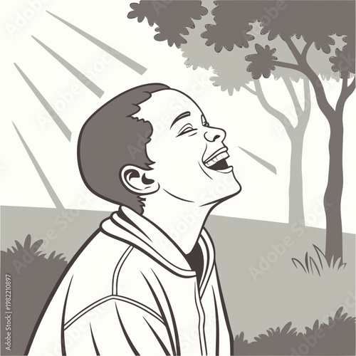 A young boy laughing outdoors in a sunny park