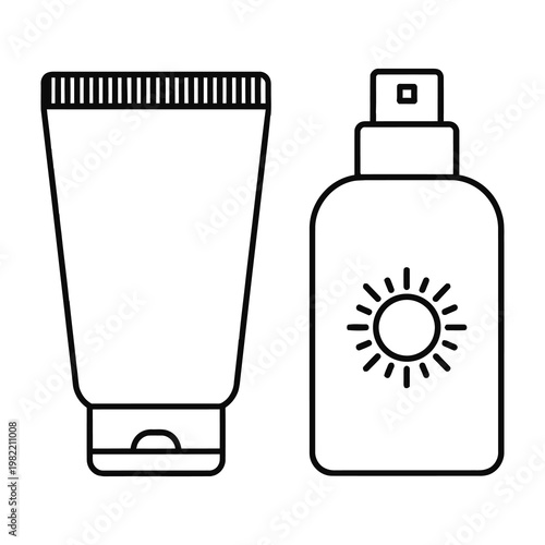 Sunscreen Cream Tube and Spray Bottle Set Outline Icons for Summer Skin Protection and Skincare