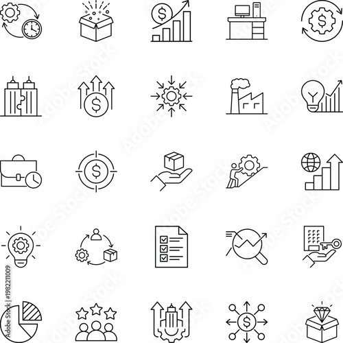 A collection of business and finance icons in line art style