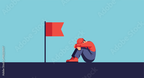 Illustration of an exhausted worker in a hard hat sitting next to a red flag