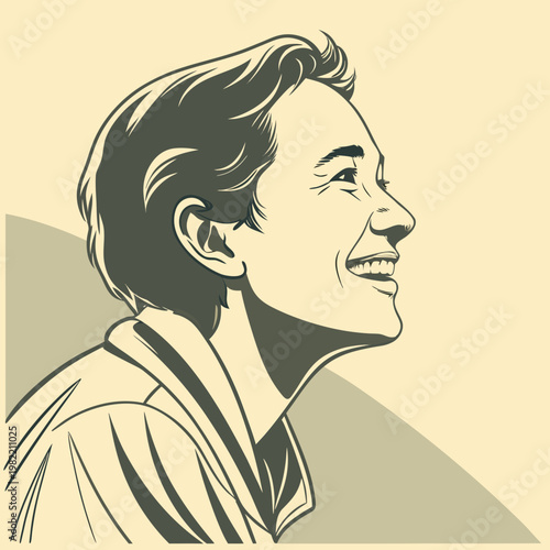 A smiling man with short hair looking to the right