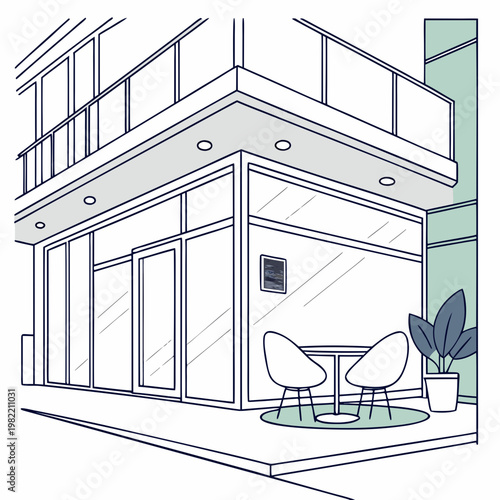 A building with a table and chairs on the sidewalk