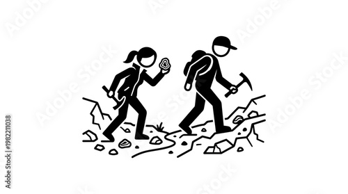 Hikers Exploring Rocky Terrain with Tools